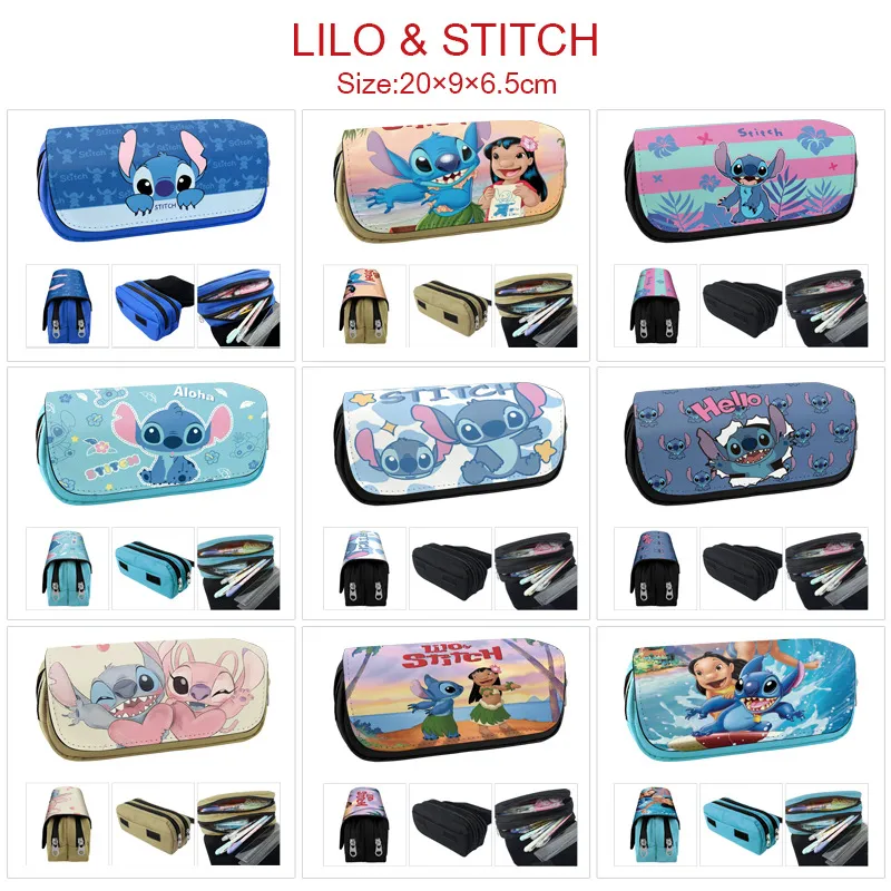 Lilo & Stitch Inspired Double Zipper Canvas Pencil Case – Large Capacity Stationery Bag with 2 Compartments, Durable Cartoon Pencil Pouch for School, Students & Fans